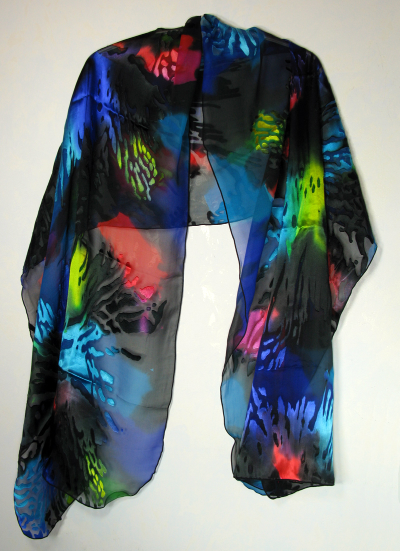 Hand-painted silk/rayon shawl - Black and Jewel Brights